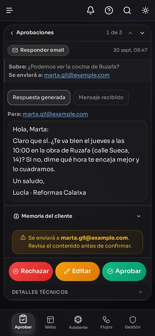 Una respuesta lista para aprobar, editar o rechazar